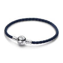 Load image into Gallery viewer, Pandora Moments Round Clasp Blue Braided Leather Bracelet