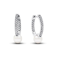 Load image into Gallery viewer, Treated Freshwater Cultured Pearl & Pavé Hoop Earrings
