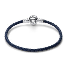 Load image into Gallery viewer, Pandora Moments Round Clasp Blue Braided Leather Bracelet