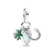 Load image into Gallery viewer, Four Leaf Clover, Heart and Horseshoe Triple Dangle Charm