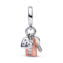 Load image into Gallery viewer, Two-tone Key, Padlock & Heart Triple Dangle Charm