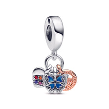 Load image into Gallery viewer, Two-Tone Rainbow Heart, Butterfly & Peace Triple Dangle Charm