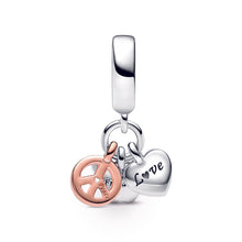 Load image into Gallery viewer, Two-Tone Rainbow Heart, Butterfly & Peace Triple Dangle Charm