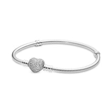 Load image into Gallery viewer, Pandora Moments Sparkling Heart Pave Clasp Snake Chain Bracelet