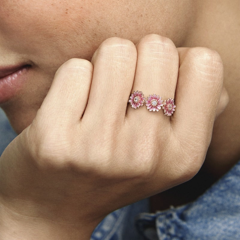 Pink Daisy Flower Trio Ring - Main Image