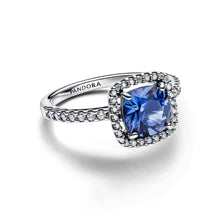 Load image into Gallery viewer, Sparkling Square Blue Halo Statement Ring
