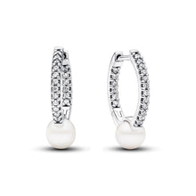 Load image into Gallery viewer, Treated Freshwater Cultured Pearl &amp; Pavé Hoop Earrings
