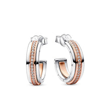 Load image into Gallery viewer, Pandora Signature Two tone Logo &amp; Pavé Hoop Earrings
