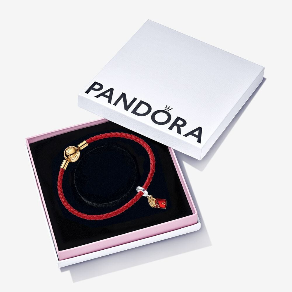 Two-tone Red Envelope Dangle Charm and Pandora Moments Red Woven Leather Bracelet set
