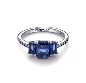 Blue Rectangular Three Stone Sparkling Ring