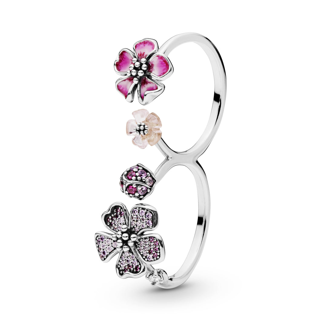 Pink Peach Blossom Flower Double Finger Ring