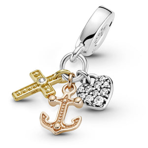 Triple-tone Cross, Heart, & Anchor Dangle Charm