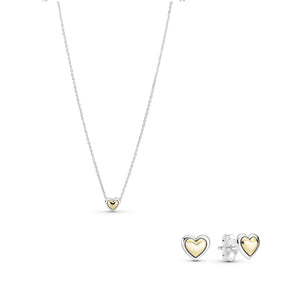 Heart Sterling Silver and 14k Gold Necklace & Earring Jewellery Set